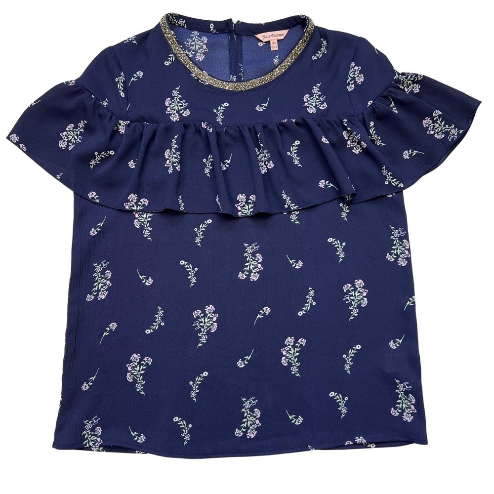 Juicy Couture Floral Blouse XS Blue Ruffle Short Sleeve Top